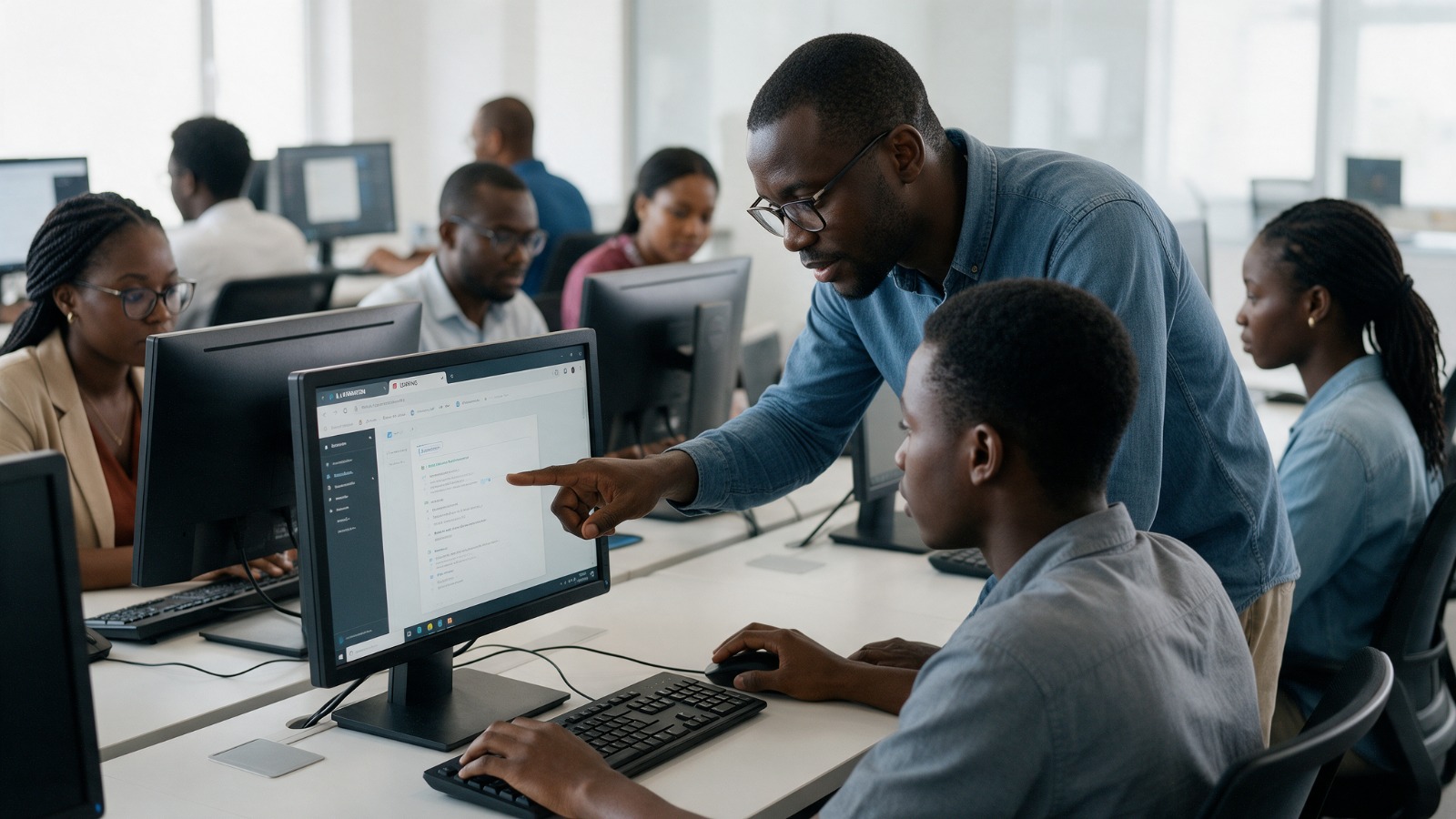 Des professionnels gabonais réunis autour d’un ordinateur